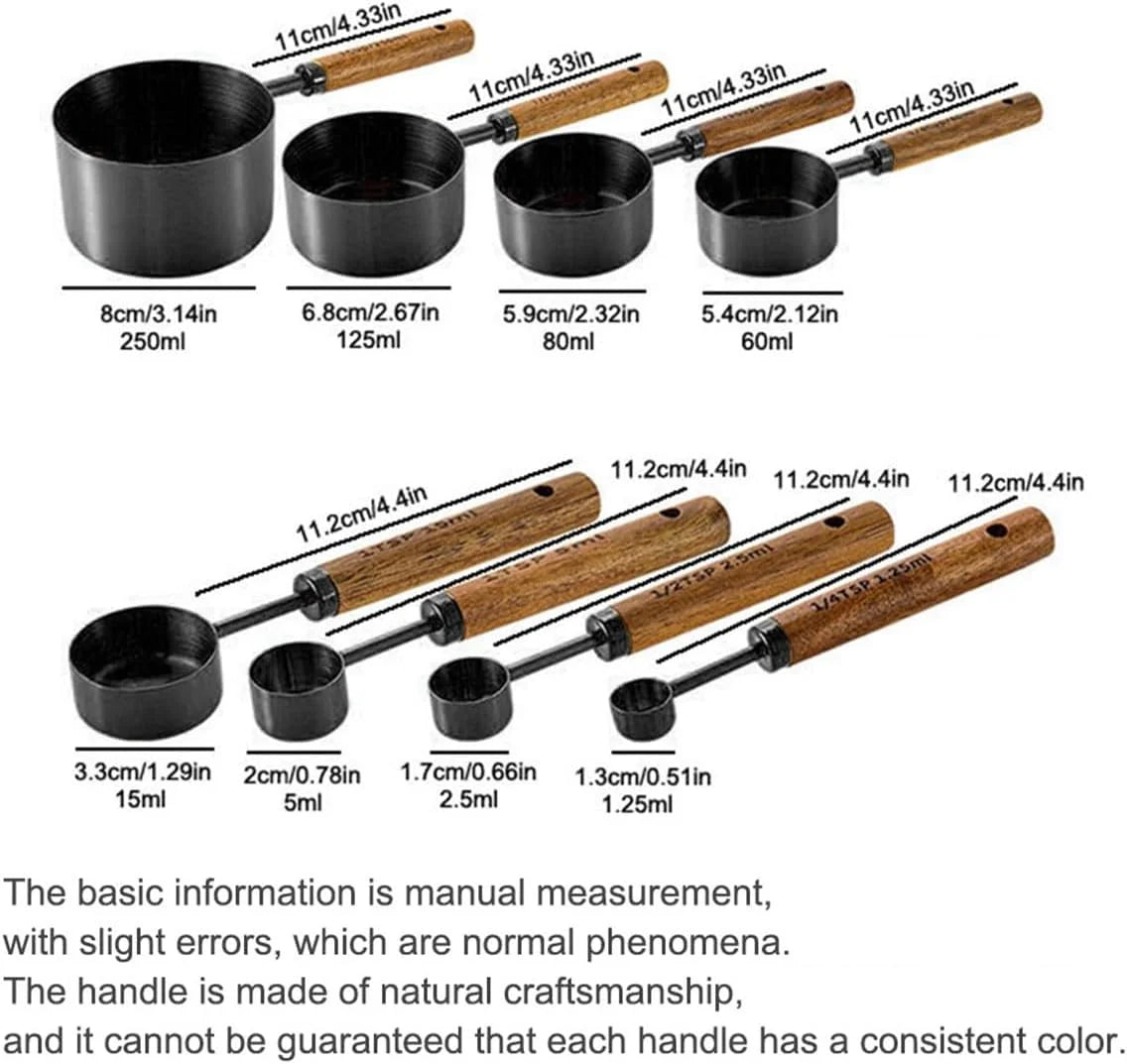 8 pieces Black Measuring Cups Set and Measuring Spoons Set with Scale Wooden Handle Stainless Steel Dry & Liquid Measuring Cup for Cooking Baking – Convenient Carry Handles for Simple Storage and Daily Tasks