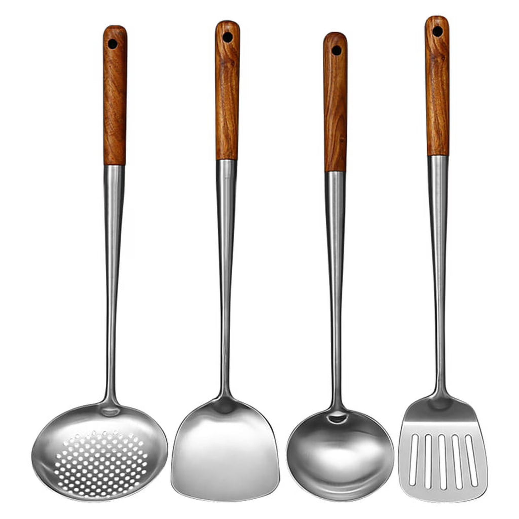 Long Handle Stainless Steel Wok Kitchen Slotted Turner Rice Spoon Ladle Cooking Tools Utensil Set – Convenient Carry Handles for Simple Storage and Daily Tasks