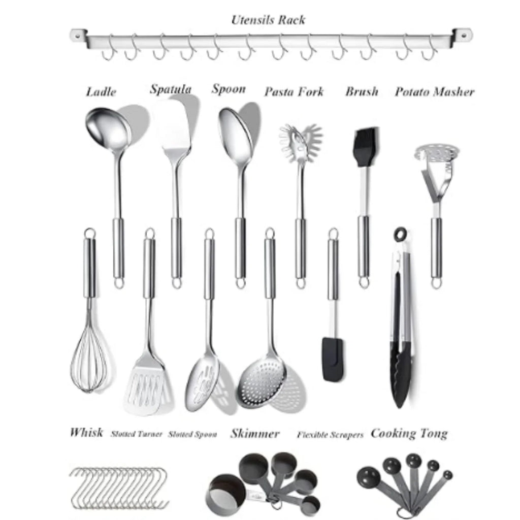 Kitchen Utensils Set 38 Pieces Stainless Steel Cooking Utensils Set Kitchen Gadgets Cookware Kitchen Tool Set with Utensil Holder Rack And Hooks For Hanging Dishwasher Suitable – Space-Saving Hanging Design for Simple Storage and Daily Tasks