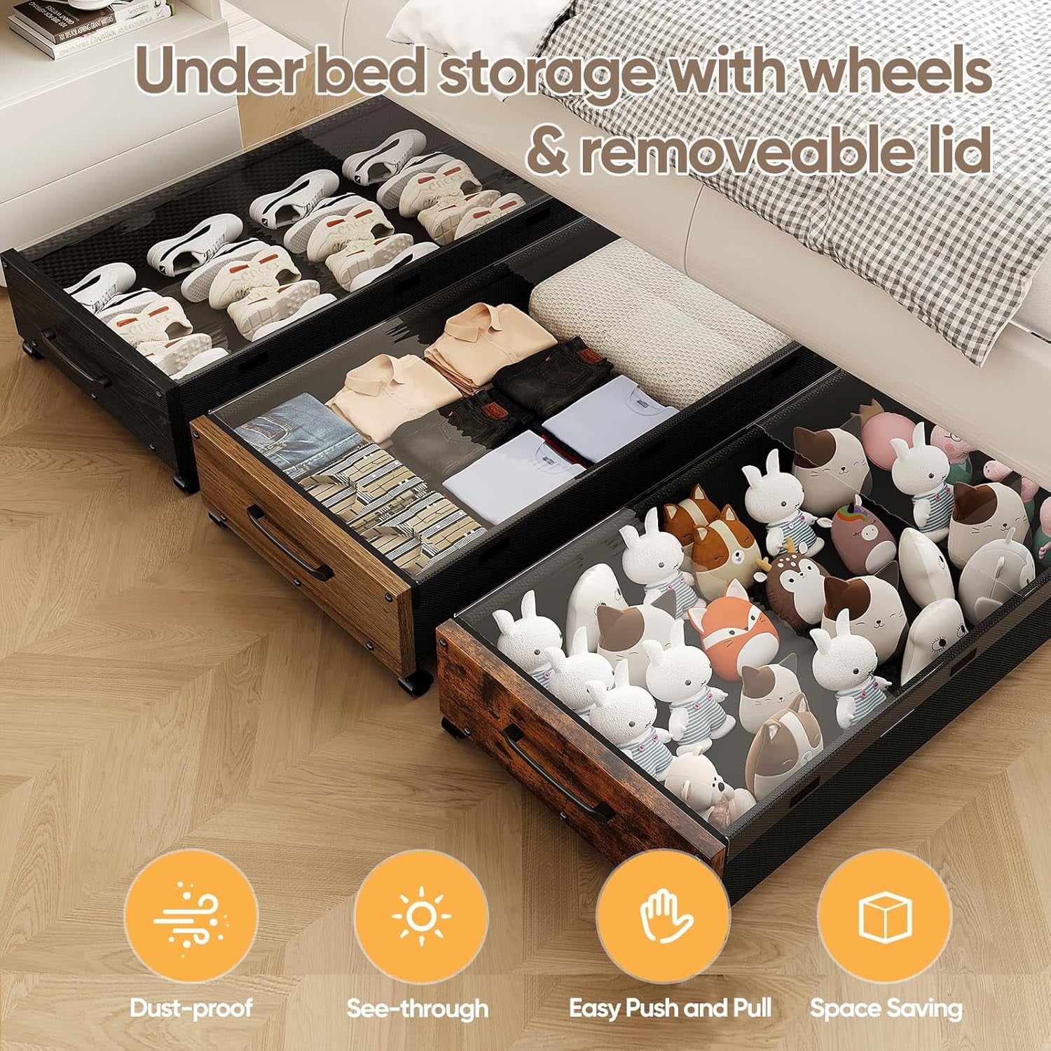Wooden Under Bed Storage with Wheels Rolling Under the Bed Storage Bins with Removable Lid Metal Under Bed Drawers for Clothes and Shoes in Bedroom or Living Room(Black Wood-2pack) – Easy-Roll Mobility for Simple Storage and Daily Tasks