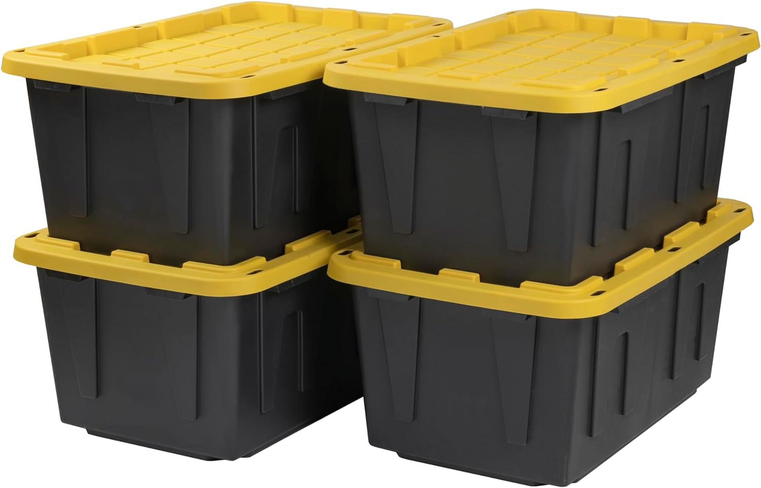 BLACK & YELLOW 27-Gallon Heavy Duty Tough Storage Container & Snap-Tight Lid (14.3"H x 20.6"W x 30.6"D) Weather-Resistant Design and Stackable Organization Tote [4 Pack] – Stackable Organization for Simple Storage and Daily Tasks