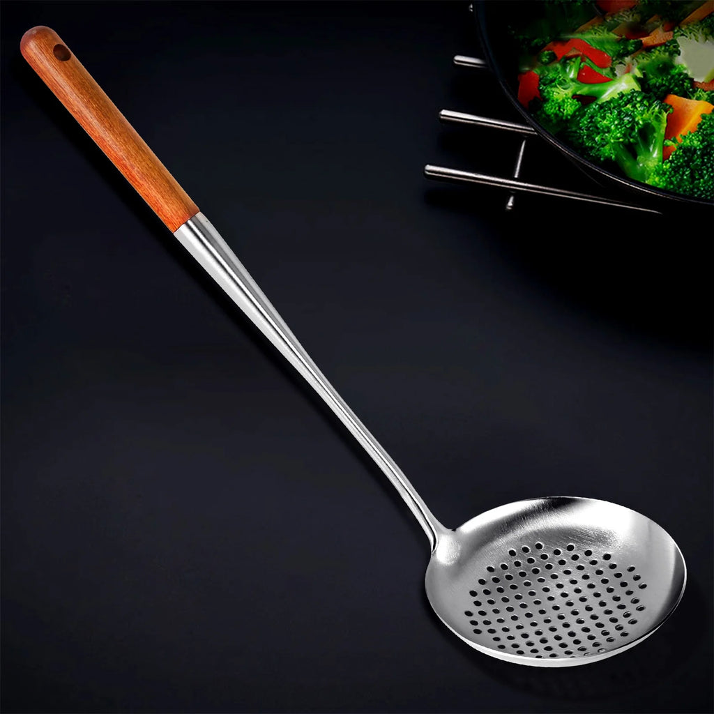Long Handle Stainless Steel Wok Kitchen Slotted Turner Rice Spoon Ladle Cooking Tools Utensil Set – Convenient Carry Handles for Simple Storage and Daily Tasks