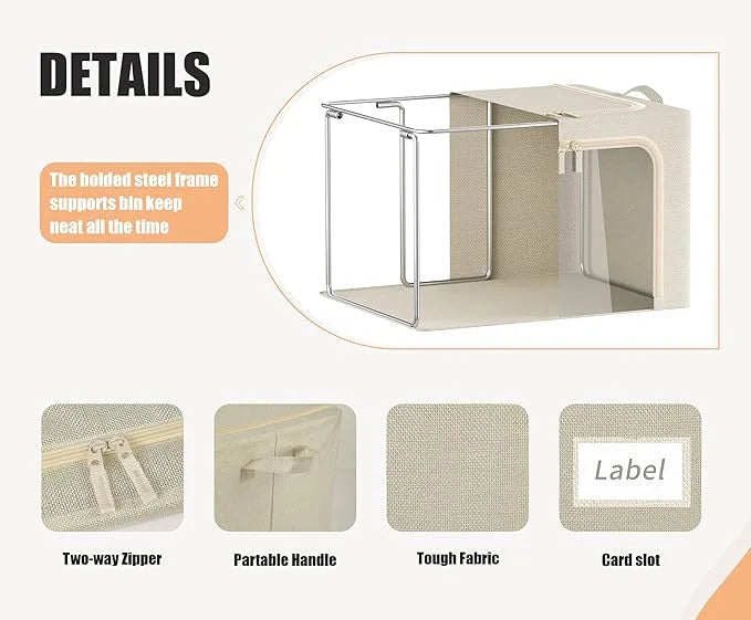 3 Openings Clothes Storage Bins with Metal Frame Foldable Storage Bin for Clothes Clothing Storage Bins with Lid Linen Storage Box With Clear Window＆ Zippers＆ Durable Handles.(3 – Multiroom Organization Format for Simple Storage and Daily Tasks