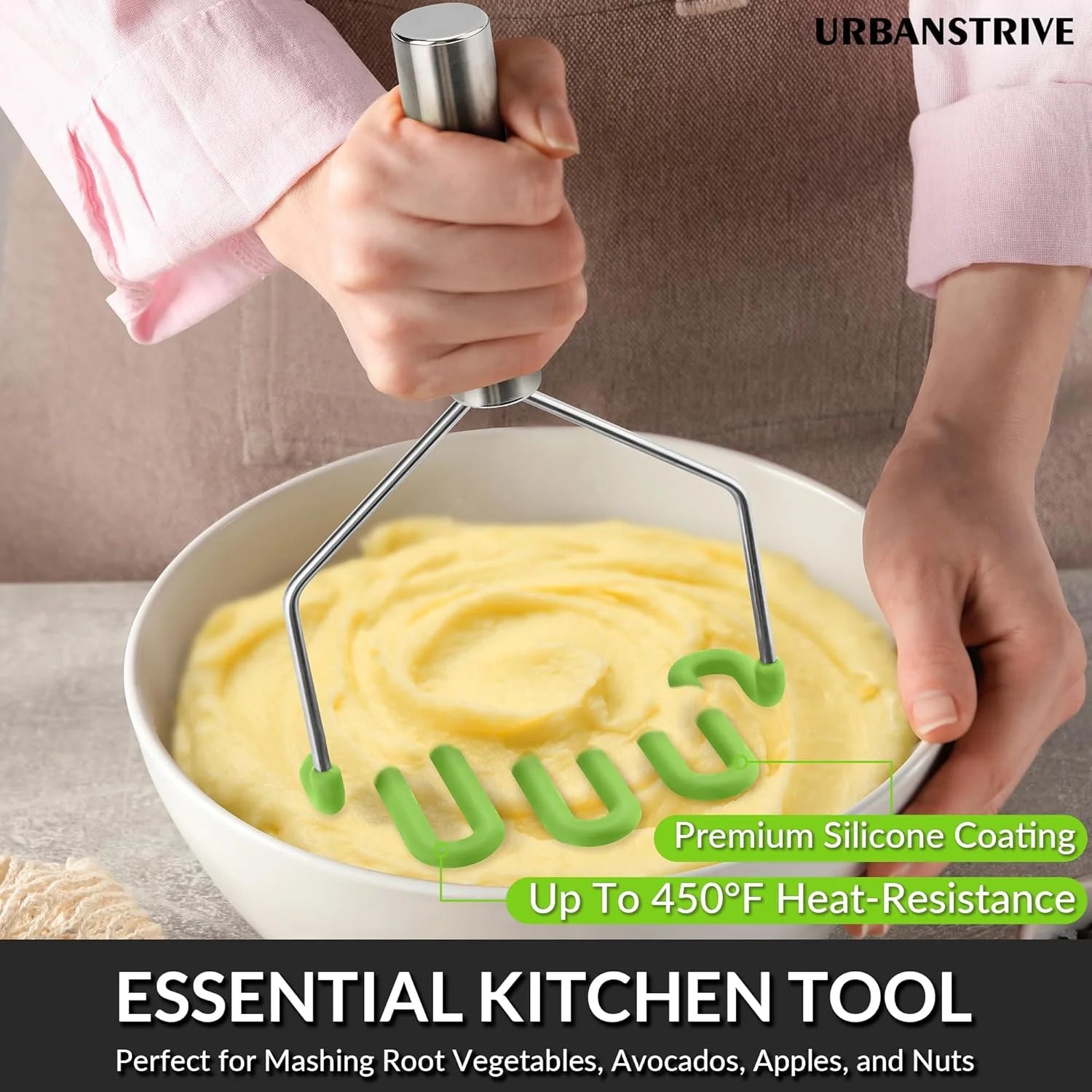 Non-Scratch Silicone Potato Masher Kitchen Tool Potatoes Masher Potato Masher Stainless Steel Wrapped In Well-crafted Silicone Potato Smasher – Durable Stainless Steel Construction for Simple Storage and Daily Tasks