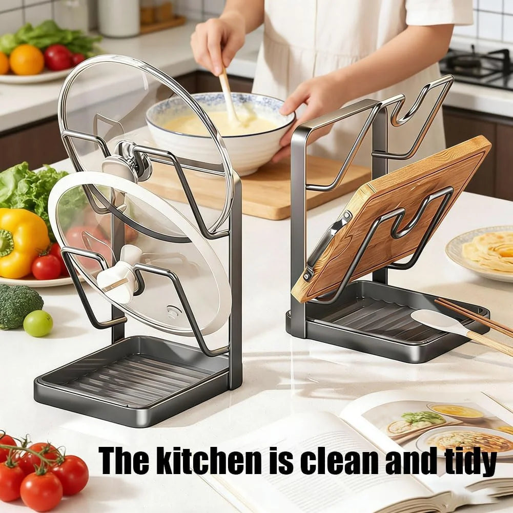 Kitchen Pot Lid Storage Rack Stainless Steel Pot Lid Holder While Cooking & Spoon Rest Multifunctional Pot Lid Organizer with Removable Drip Tray for Countertop Space-Saving Lid – Durable Stainless Steel Construction for Simple Storage and Daily Tasks