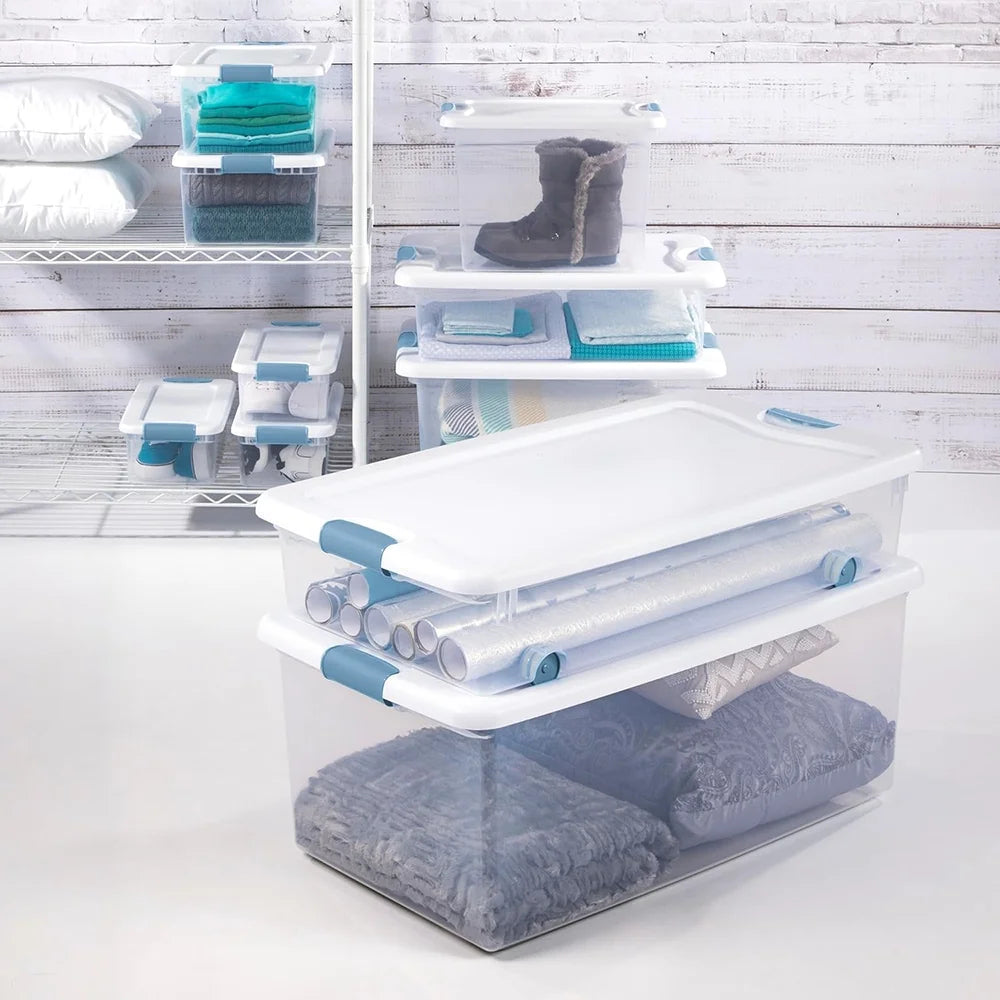 15 Qt Latching Storage Box Stackable Bin with Latch Lid Plastic Container to Organize Closet Shelf Clear with White Lid 12-Pack – Multiroom Organization Format for Simple Storage and Daily Tasks