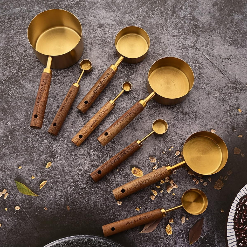 8 pieces Golden Measuring Cups Set and Measuring Spoons Set with Scale Wooden Handle Stainless Steel Dry & Liquid Measuring Cup for Cooking Baking – Convenient Carry Handles for Simple Storage and Daily Tasks
