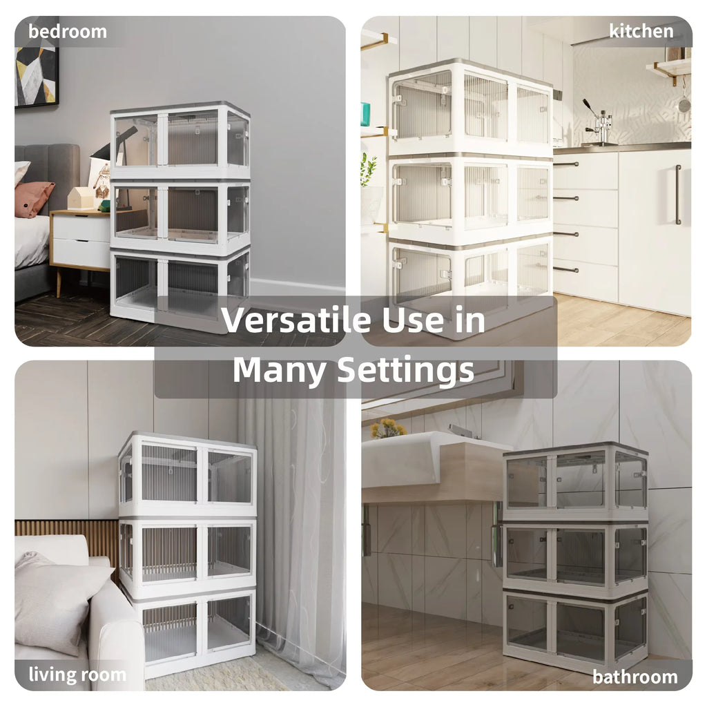 384QT 3-Pack Transparent Stackable Storage Bins with 5 Doors to Open with Wheels Folding Plastic Craft Containers Large Closet Organizers Box for Bedrooms Living Rooms Study Kids' Toys White – Stackable Organization for Simple Storage and Daily Tasks