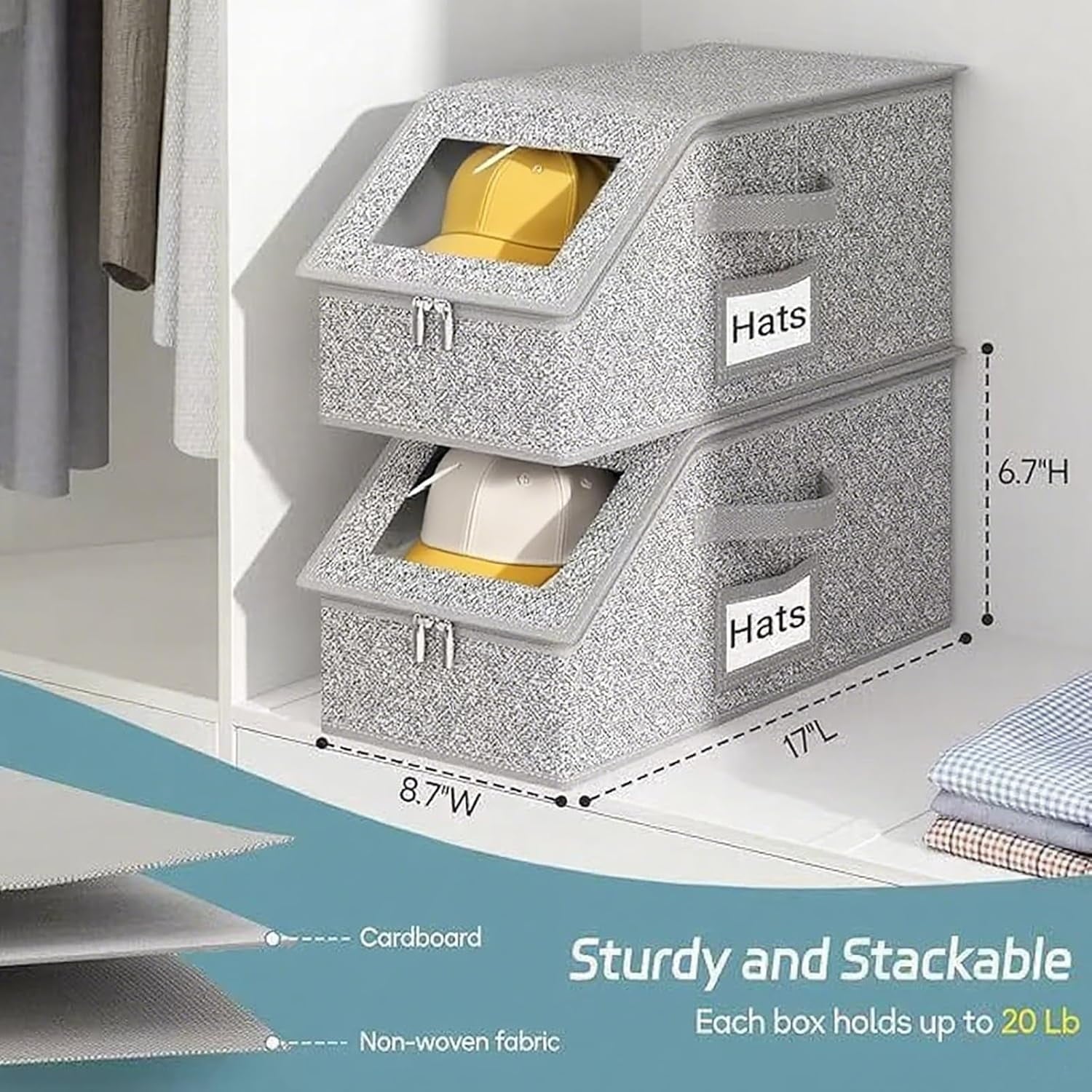 4 PCS Stackable Hat Storage for Baseball Caps Hat Storage Boxes for Closet Holds up to 12 Caps with Cardboard Hat Organizer for Women & Men (Grey) – Stackable Organization for Simple Storage and Daily Tasks