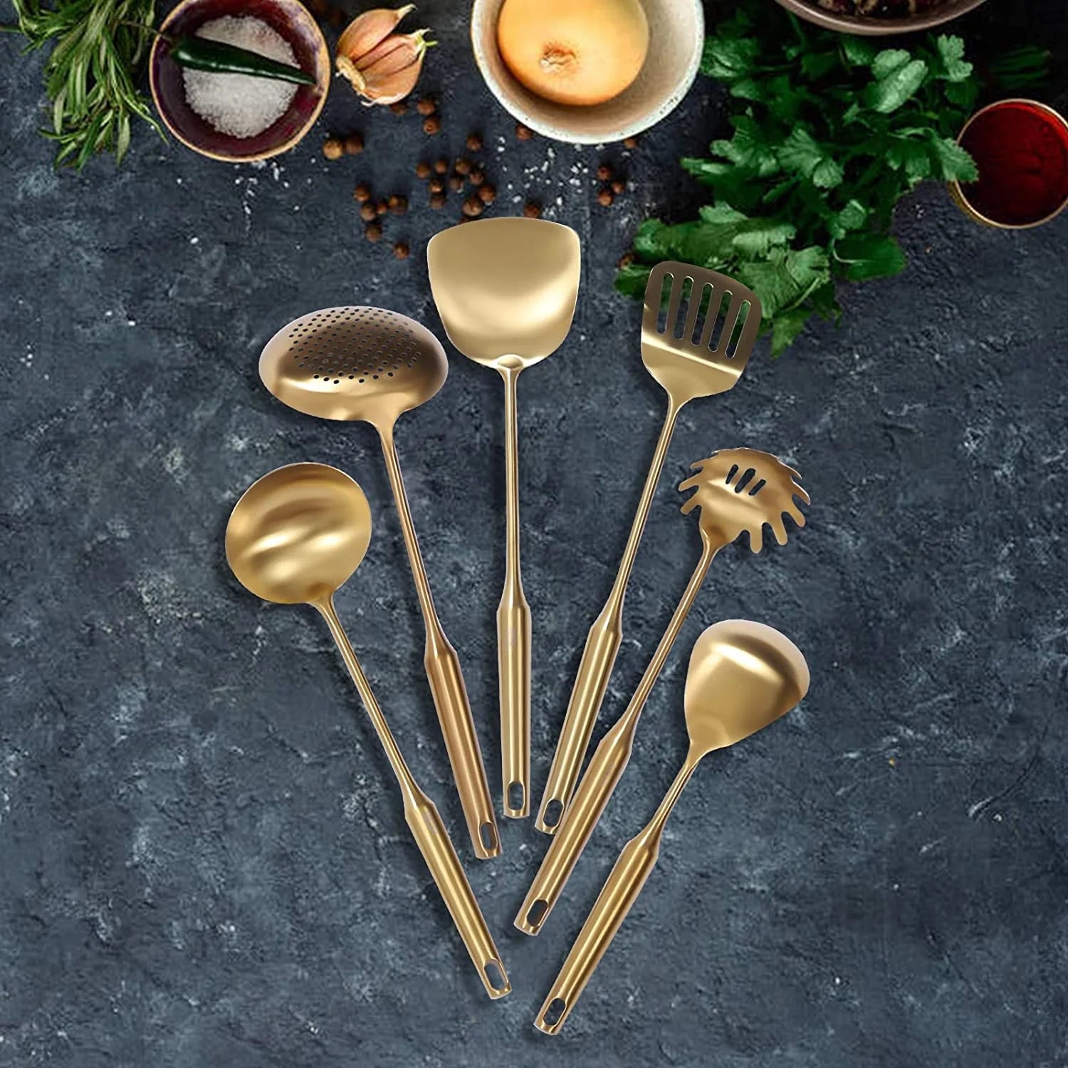 7pcs/ Set Gold Cooking Utensils Suitable for everyday use Kitchen Tool with Holder Stainless Steel – Durable Stainless Steel Construction for Simple Storage and Daily Tasks