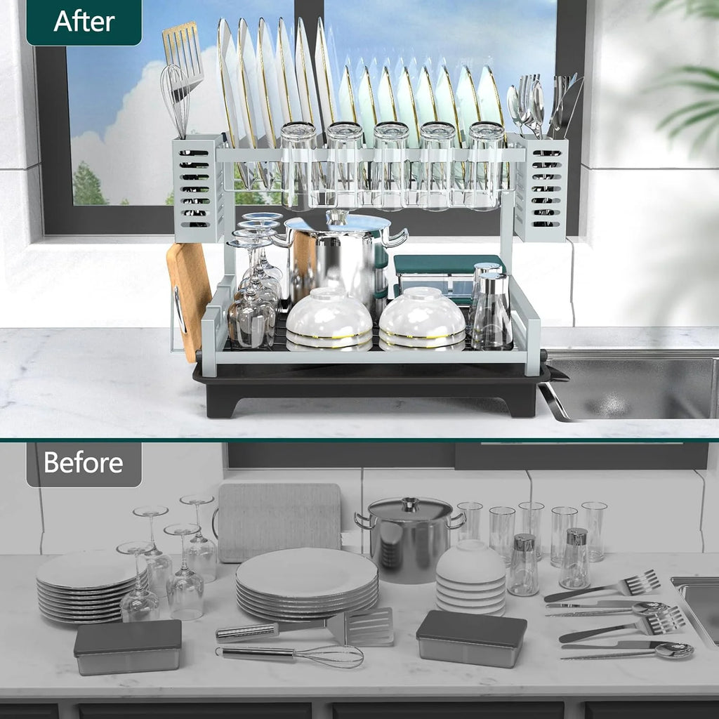 Dish Drying Rack: 2 Tier Dish Racks for Kitchen Counter and Sink - Large Dish Drying Rack with Drainboard & Utensil Holders - Stainless Steel Dish Drainers Kitchen Organization and – Durable Stainless Steel Construction for Simple Storage and Daily Tasks
