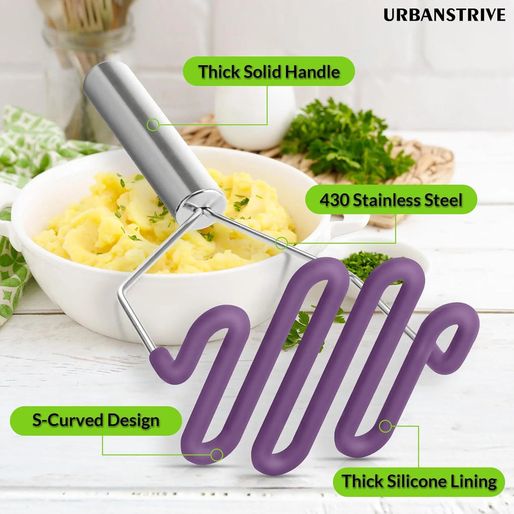 Scratch-resistant silicone potato mash maker kitchen tool stainless steel outer layer wrapped with durable silicone. – Durable Stainless Steel Construction for Simple Storage and Daily Tasks
