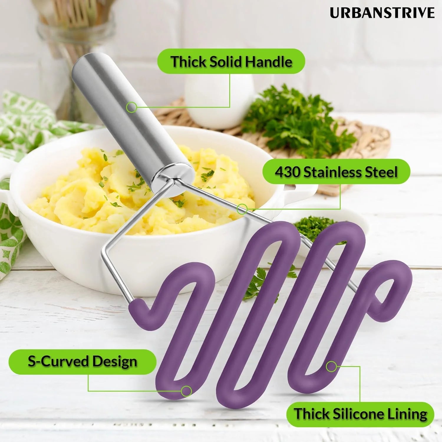 Scratch-resistant silicone potato mash maker kitchen tool stainless steel outer layer wrapped with durable silicone. – Durable Stainless Steel Construction for Simple Storage and Daily Tasks