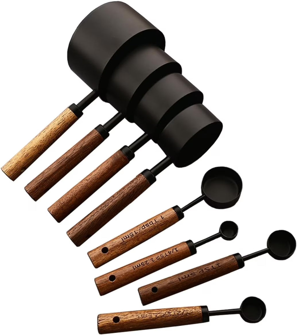 8 pieces Black Measuring Cups Set and Measuring Spoons Set with Scale Wooden Handle Stainless Steel Dry & Liquid Measuring Cup for Cooking Baking – Convenient Carry Handles for Simple Storage and Daily Tasks