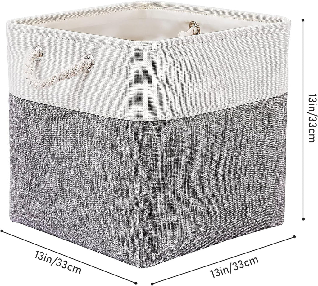 13 x 13 Inch Cube Storage Bins 6 Pack Extra Large Collapsible Fabric Storage Bin with Ropes Foldable Storage Cubes for Home (White & Beige-13"x13"x13") – Foldable Space-Saving Design for Simple Storage and Daily Tasks