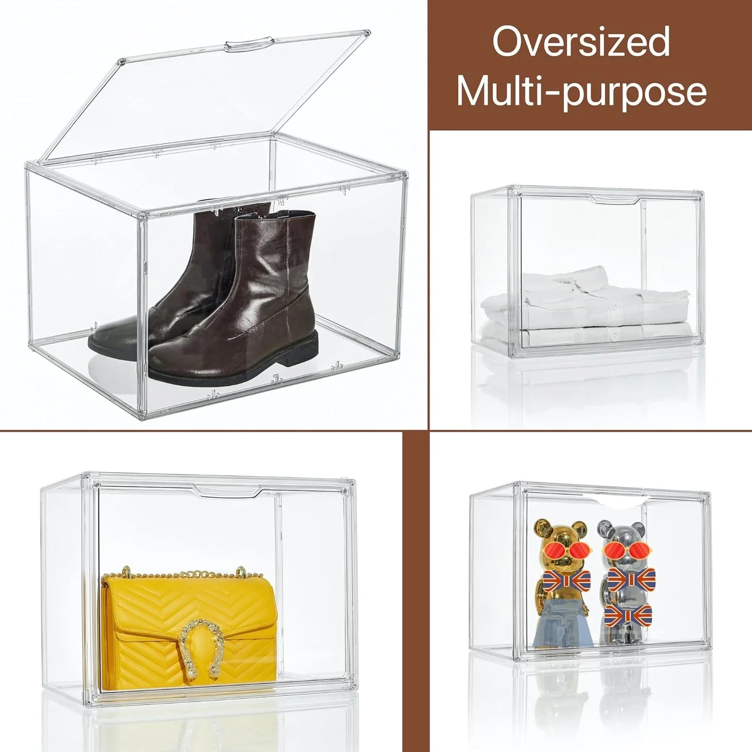 XXX-Large Clear Acrylic Display Case Boot Shoe Storage Boxes With An Adjustable Divider,2 Pack 2 Tiers Clear Plastic Stackable Storage Bins With Lids Big Display Acrylic Box With Magnetic – Multiroom Organization Format for Simple Storage and Daily Tasks