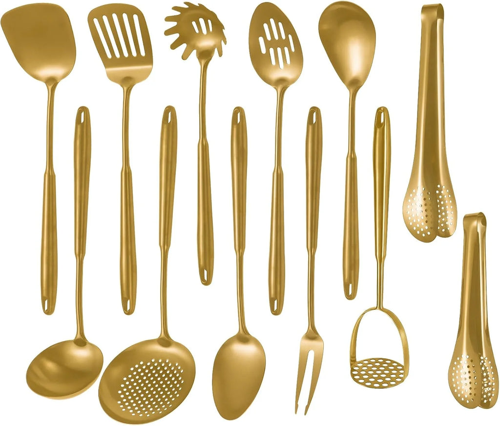 304 Stainlss Steel Kitchen Utensils Set 12 Pcs Long Metal Cooking Utensil Gadgets Tools Set with Spatula Ladle Spoon Ladle Skimmer Tunner Pasta Server Tongs(Silver Dishwasher Suitable) – Convenient Multi-Piece Set for Simple Storage and Daily Tasks