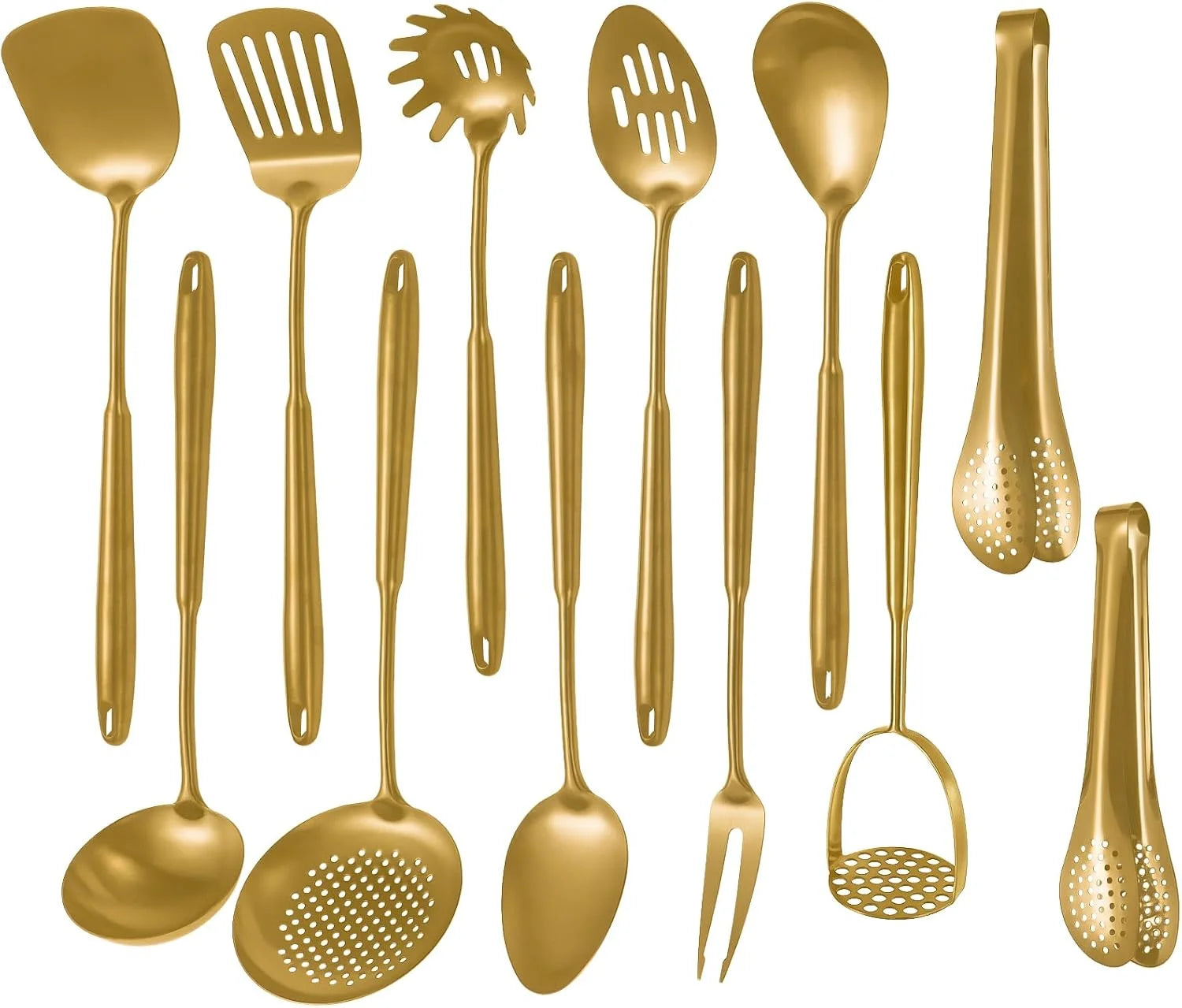304 Stainless Steel Cooking Utensils,6 Pcs Kitchen Cooking Utensils Set with Spatula Solid Spoon Ladle Skimmer Spaghetti Spoon,Dishwasher Suitable(Gold) – Durable Stainless Steel Construction for Simple Storage and Daily Tasks
