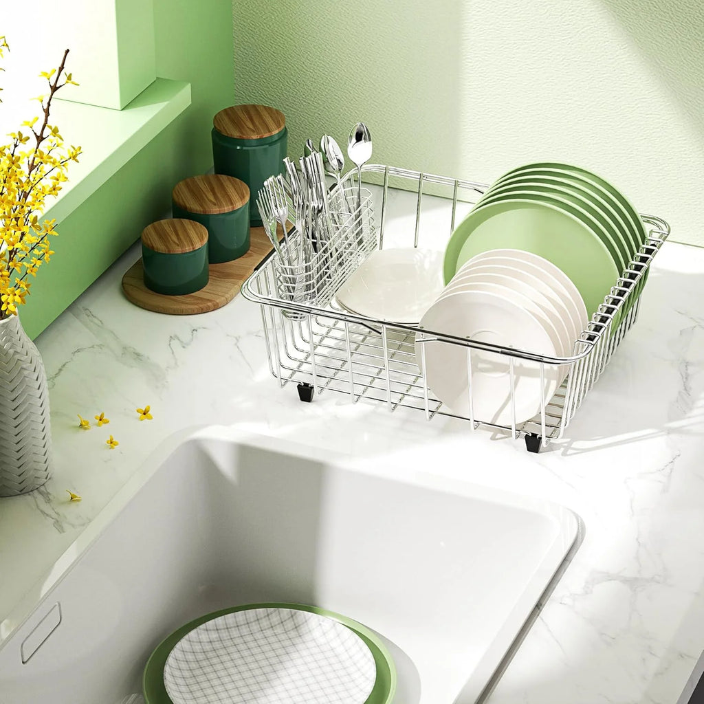 Dish Drying Rack in-Sink 304 Stainless Steel Dish Drainer with Stainless Steel Silverware Holder Over Inside Sink-Adjustable – Durable Stainless Steel Construction for Simple Storage and Daily Tasks