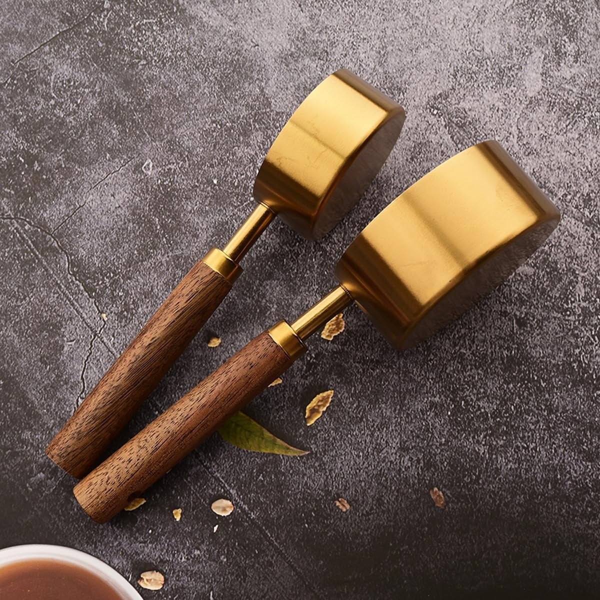 8 pieces Golden Measuring Cups Set and Measuring Spoons Set with Scale Wooden Handle Stainless Steel Dry & Liquid Measuring Cup for Cooking Baking – Convenient Carry Handles for Simple Storage and Daily Tasks