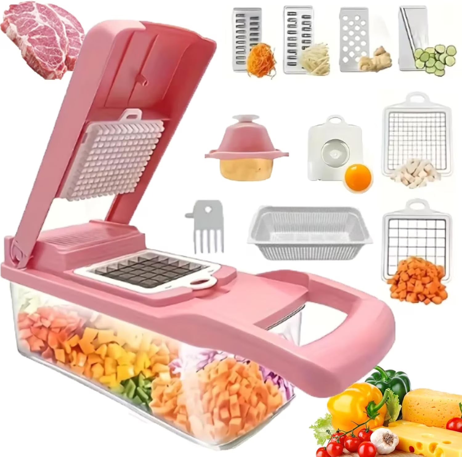 14Pcs Multi-Functional Vegetable Cutter & Slicer Trendgolden Food Chopper Stainless Steel Blades Kitchen Gadgets & Accessories (Pink) – Durable Stainless Steel Construction for Simple Storage and Daily Tasks