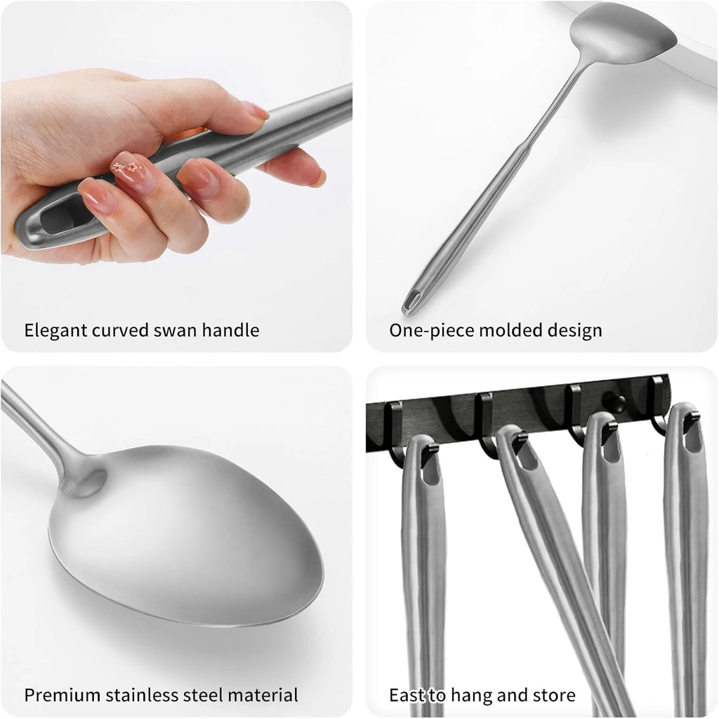 304 Stainless Steel Cooking Utensils,6 Pcs Kitchen Cooking Utensils Set with Spatula Solid Spoon Ladle Skimmer Spaghetti Spoon,Dishwasher Suitable(Black) – Durable Stainless Steel Construction for Simple Storage and Daily Tasks