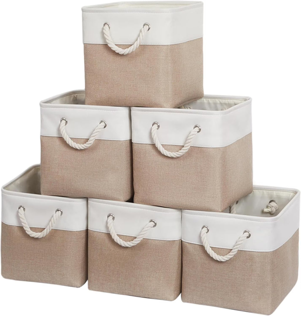 11 x 11 Inch Storage Cubes 6 Pack Large Collapsible Fabric Storage Bin White&Beige – Foldable Space-Saving Design for Simple Storage and Daily Tasks