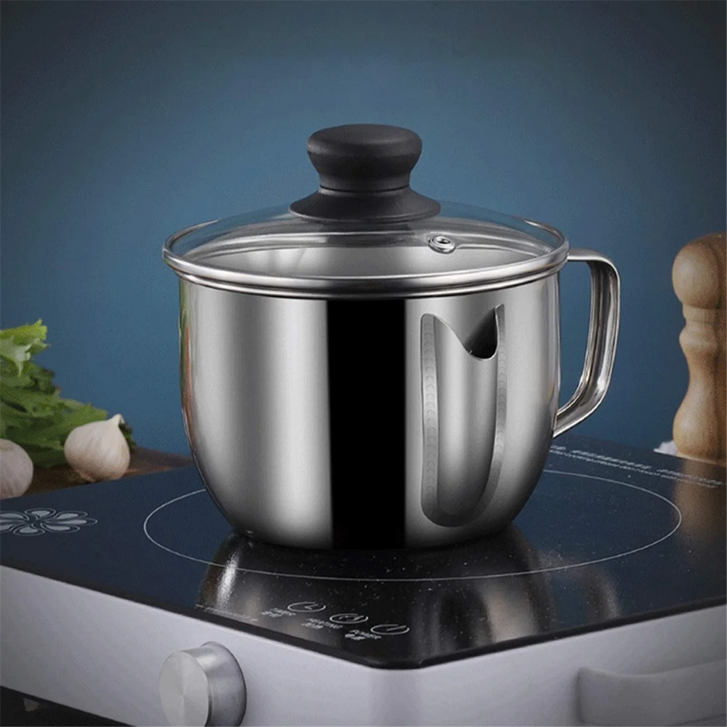 Stainless Steel Fat Separator 1L/4 Cup Gravy Grease with Strainer and Glass Lid Soup Oil Cup – Durable Stainless Steel Construction for Simple Storage and Daily Tasks