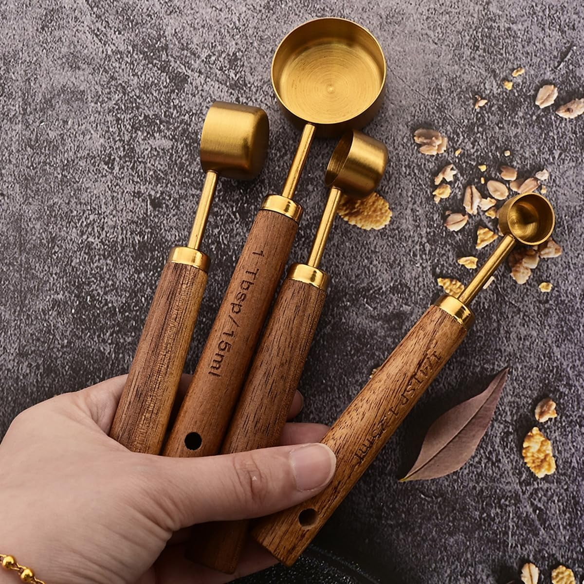 8 pieces Golden Measuring Cups Set and Measuring Spoons Set with Scale Wooden Handle Stainless Steel Dry & Liquid Measuring Cup for Cooking Baking – Convenient Carry Handles for Simple Storage and Daily Tasks