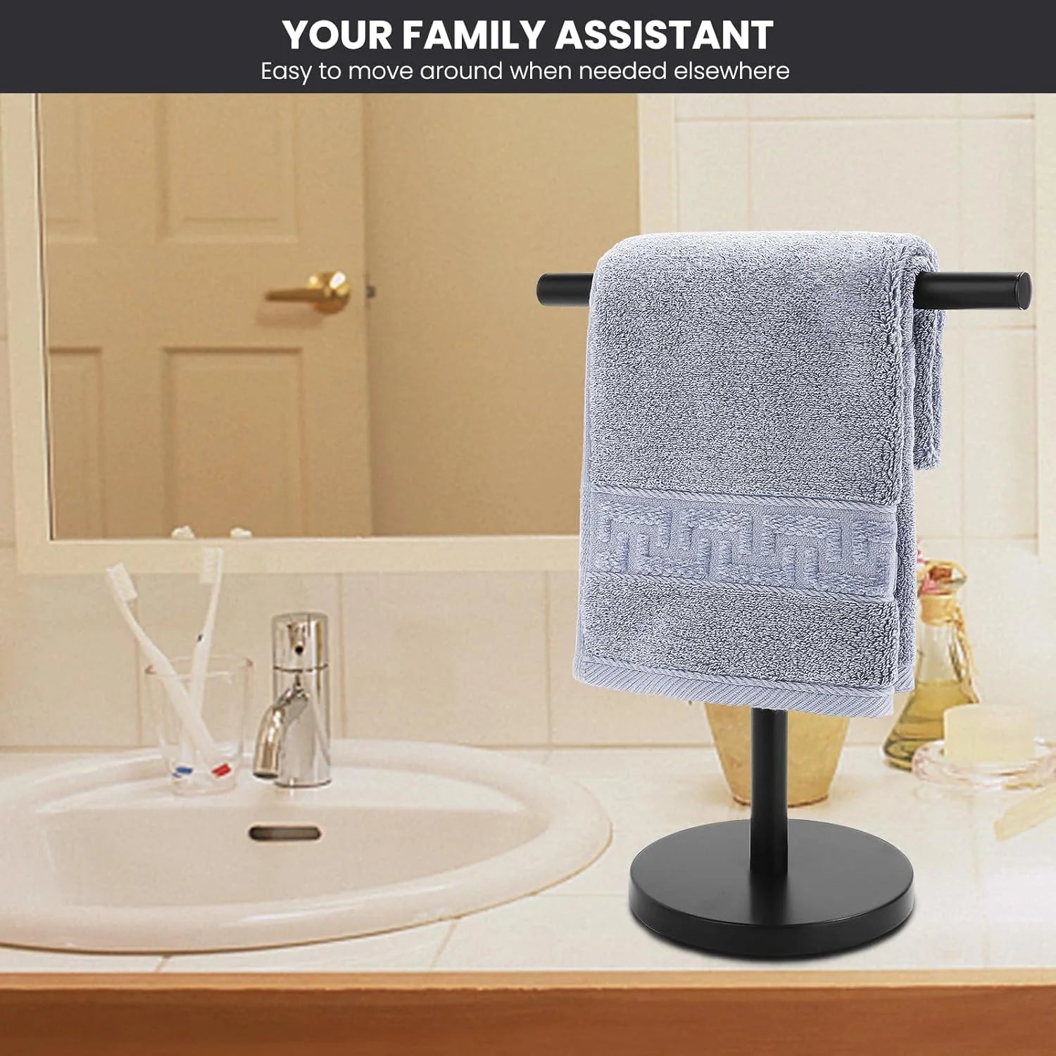 T-Shape Bath Hand Towel Holder Stand Stainless Steel Free Standing Hand Towel Rack with Heavy Base for Bathroom Kitchen & Countertop Matte Black – Durable Stainless Steel Construction for Simple Storage and Daily Tasks
