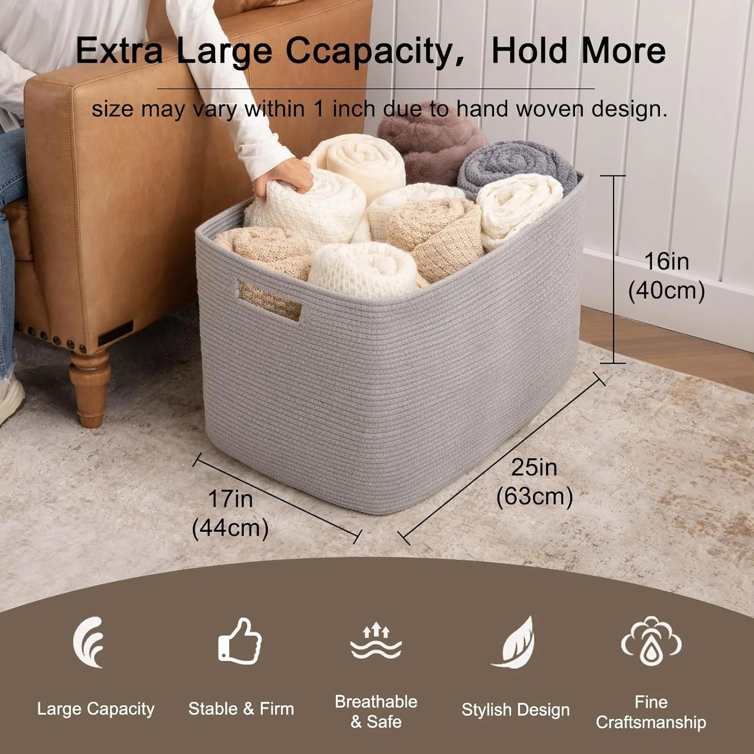 118L XXXLarge Cotton Rope Storage Basket Oversized Blanket Basket Used for Organizing Dirty Clothes in Living Room Bedroom Nursery Dog Toy Storage Bins 25" x 17" x 16",Grey – Practical Home Organization for Simple Storage and Daily Tasks