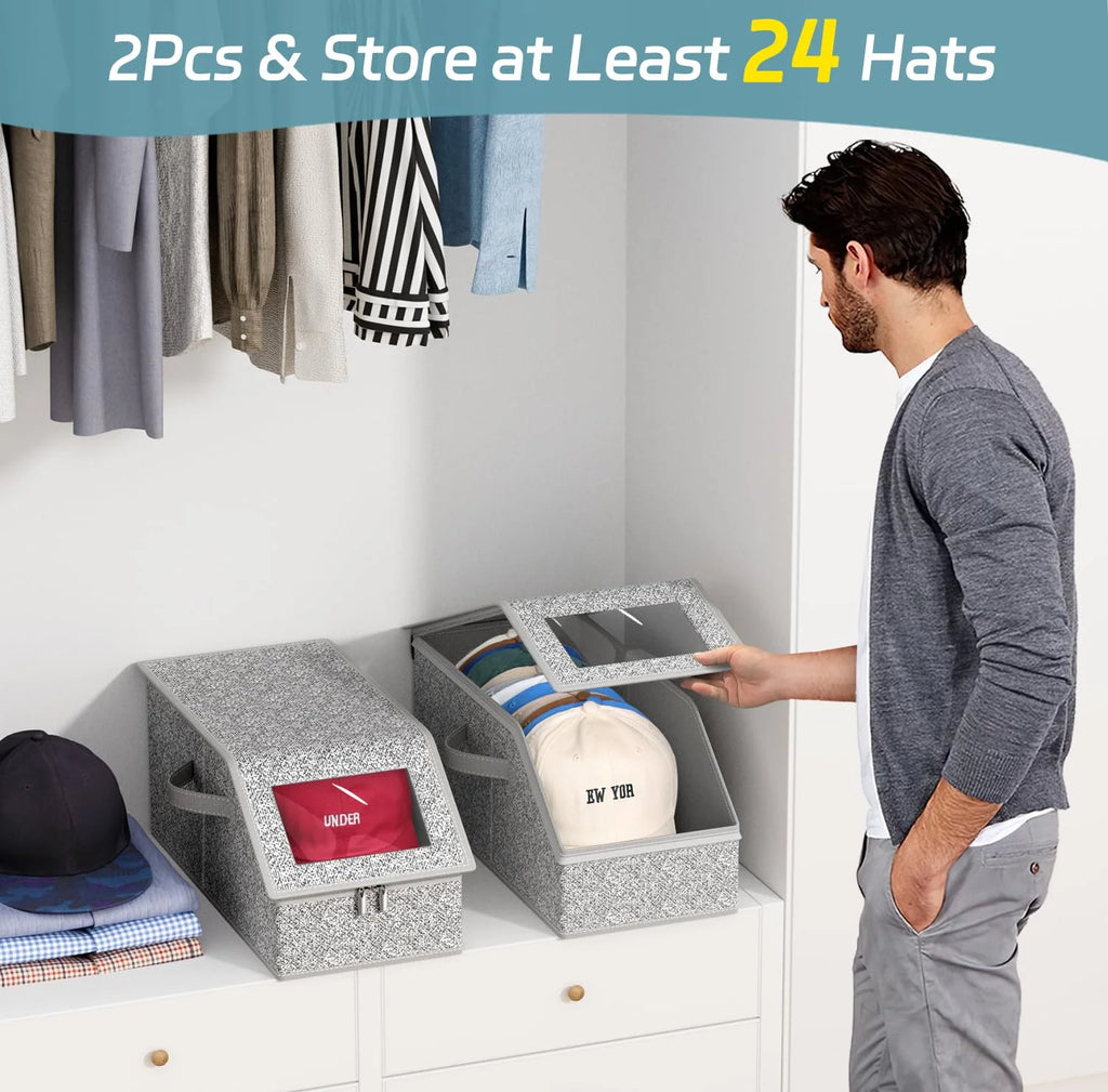 2 Pcs Stackable Hat Storage for Baseball Caps Holds up to 24 Caps Hat Organizer for Closet Sturdy Snapback Boxes for Men with Cardboard Grey – Stackable Organization for Simple Storage and Daily Tasks