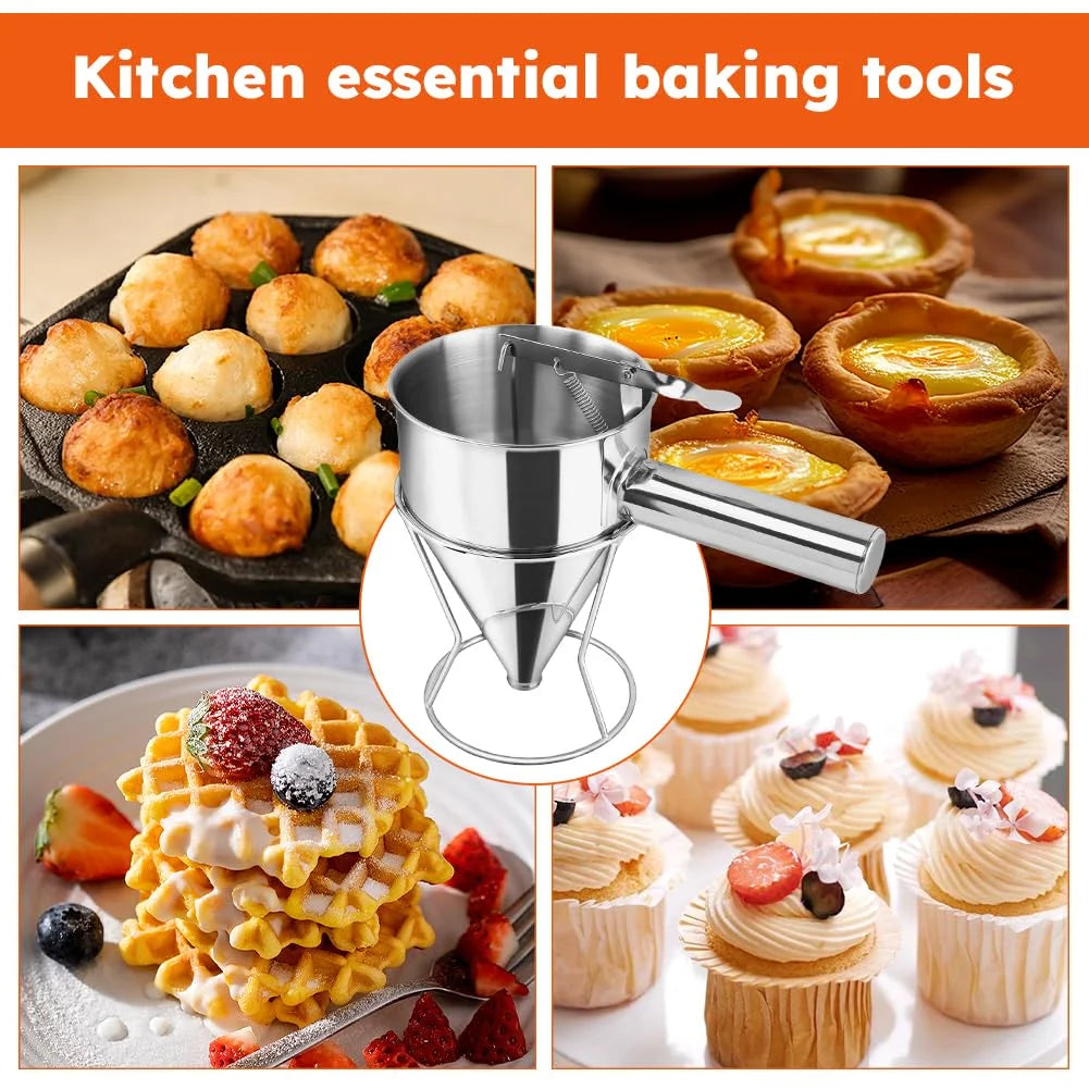 Stainless Steel Pancake Batter Dispenser with Squeeze Handle Kitchen Funnel Tools Pancake Dispenser for Pancakes Cupcakes Takoyaki and Baked Goods – Convenient Carry Handles for Simple Storage and Daily Tasks