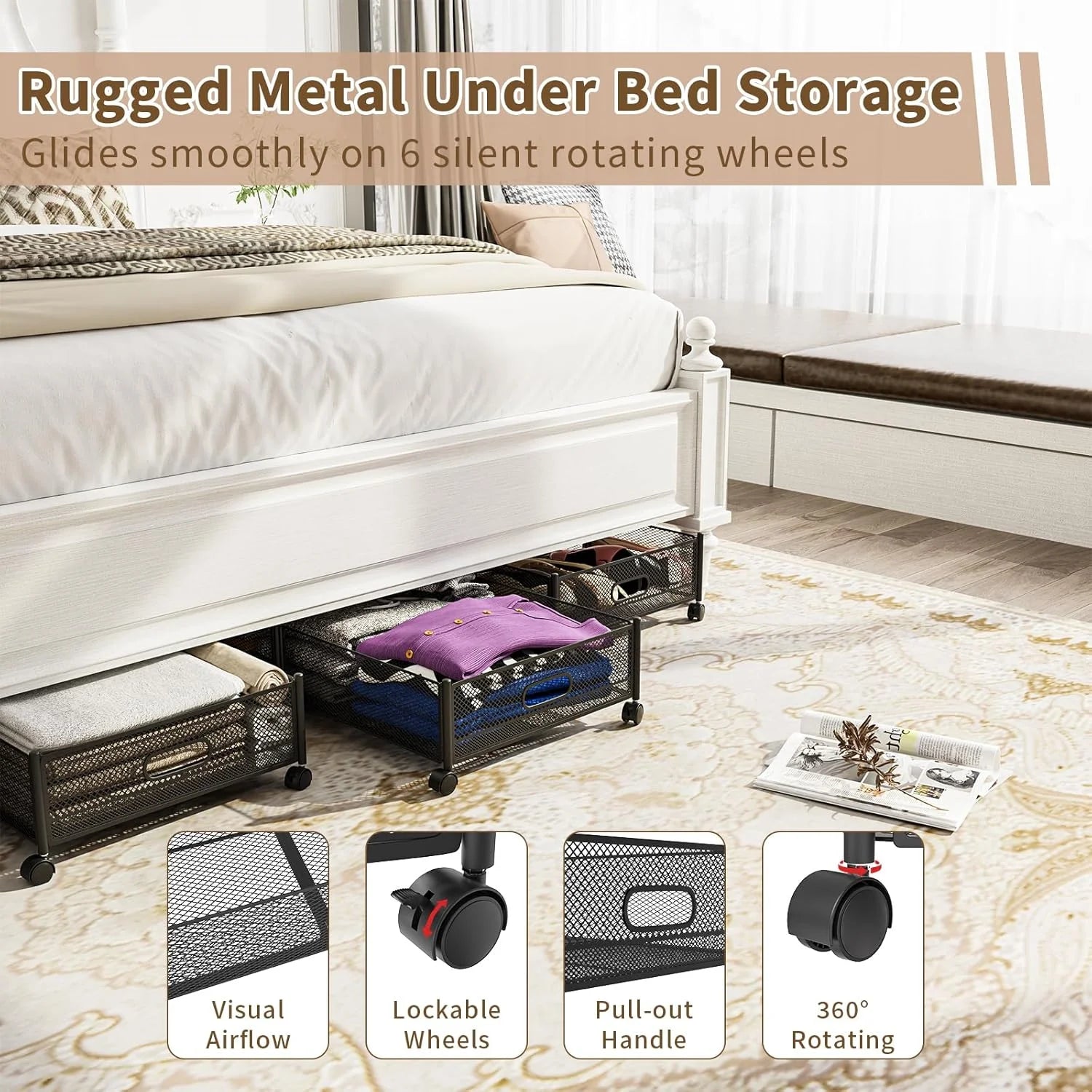 47.2'' Long Under Bed Storage on Wheels 57.6L Large Capacity Rolling Under the Bed Storage Containers Tool-Free Assembly Foldable Underbed Shoes Clothes Toy Drawers – Everyday Household Format for Simple Storage and Daily Tasks