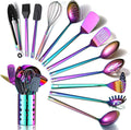 Rainbow Kitchen Utensil Set 13-Piece Stainless Steel Cookware Set Titanium Rainbow Plating Kitchen Tool Set with Cutlery Holder Suitable for Non-stick Cookware Dishwasher Suitable – Durable Stainless Steel Construction for Simple Storage and Daily Tasks