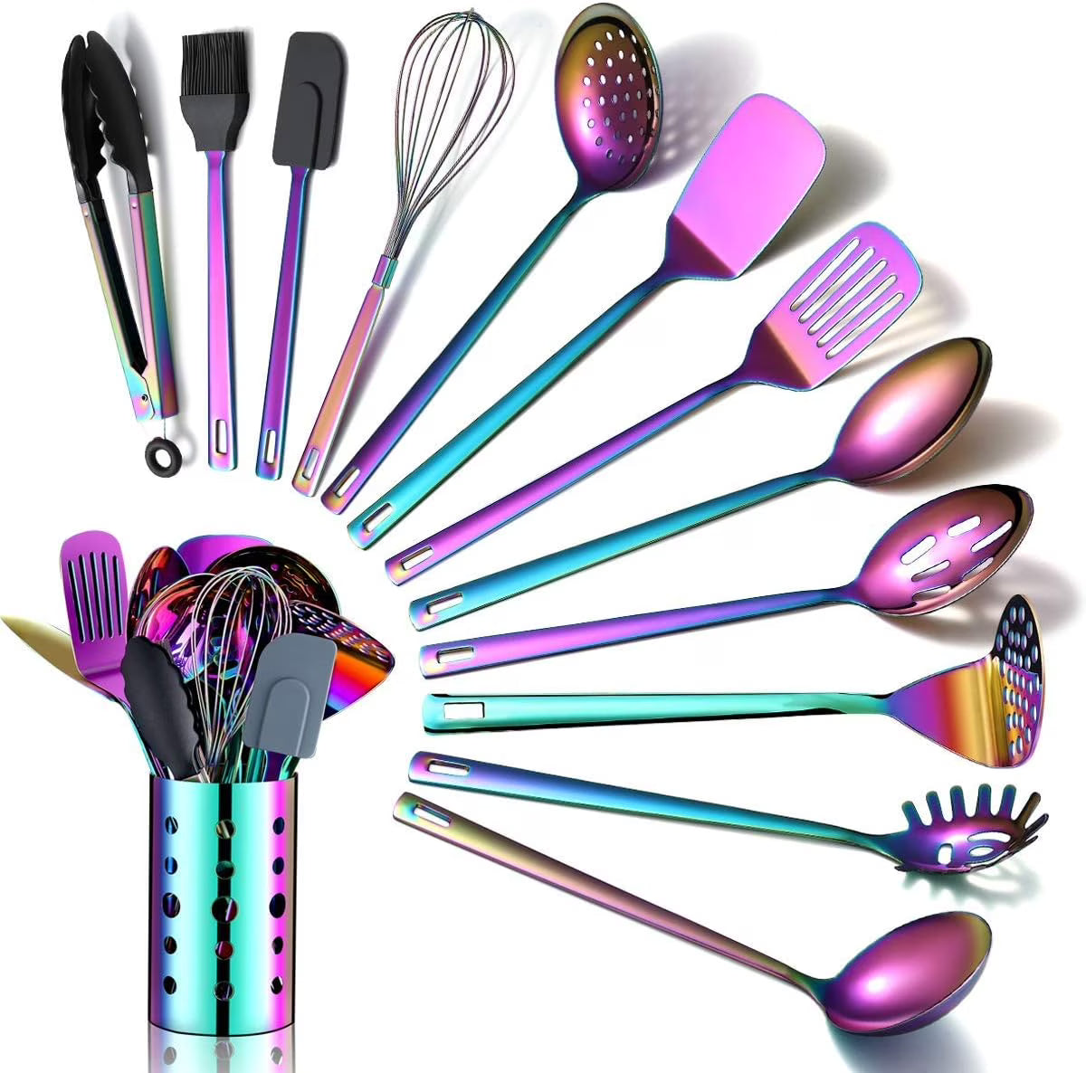 Rainbow Kitchen Utensil Set 13-Piece Stainless Steel Cookware Set Titanium Rainbow Plating Kitchen Tool Set with Cutlery Holder Suitable for Non-stick Cookware Dishwasher Suitable – Durable Stainless Steel Construction for Simple Storage and Daily Tasks