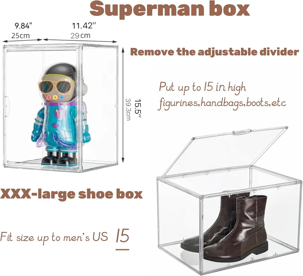 XXX-Large Clear Acrylic Display Case Boot Shoe Storage Boxes With An Adjustable Divider,2 Pack 2 Tiers Clear Plastic Stackable Storage Bins With Lids Big Display Acrylic Box With Magnetic – Multiroom Organization Format for Simple Storage and Daily Tasks