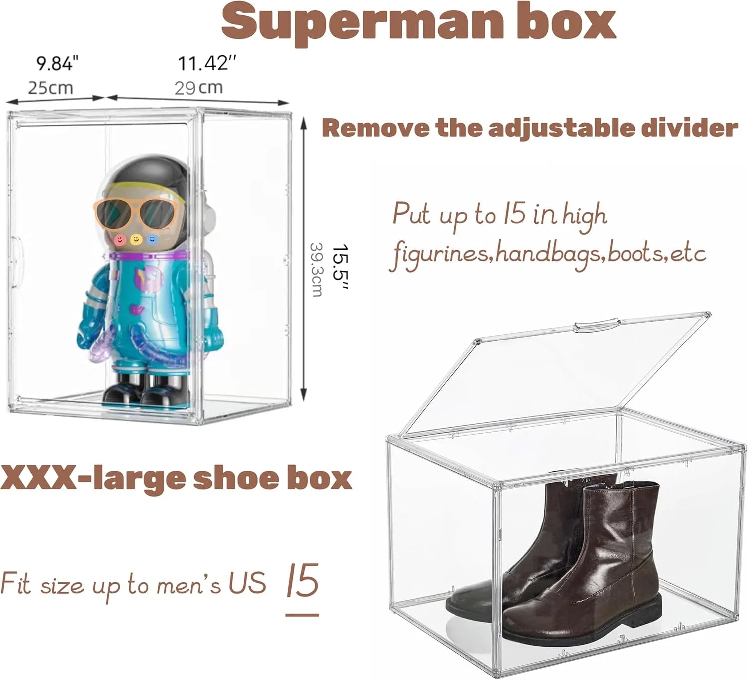 XXX-Large Clear Acrylic Display Case Boot Shoe Storage Boxes With An Adjustable Divider,2 Pack 2 Tiers Clear Plastic Stackable Storage Bins With Lids Big Display Acrylic Box With Magnetic – Multiroom Organization Format for Simple Storage and Daily Tasks