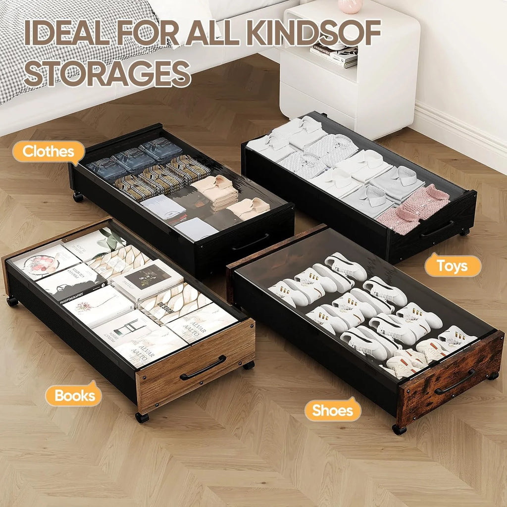 Wooden Under Bed Storage with Wheels Rolling Under the Bed Storage Bins with Removable Lid Metal Under Bed Drawers for Clothes and Shoes in Bedroom or Living Room(Black Wood-2pack) – Easy-Roll Mobility for Simple Storage and Daily Tasks