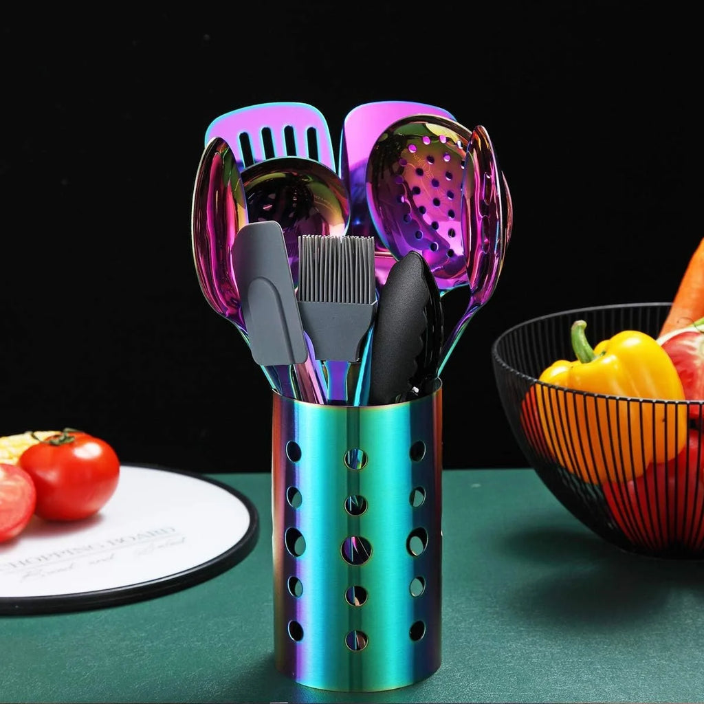 Rainbow Kitchen Utensil Set 13-Piece Stainless Steel Cookware Set Titanium Rainbow Plating Kitchen Tool Set with Cutlery Holder Suitable for Non-stick Cookware Dishwasher Suitable – Durable Stainless Steel Construction for Simple Storage and Daily Tasks