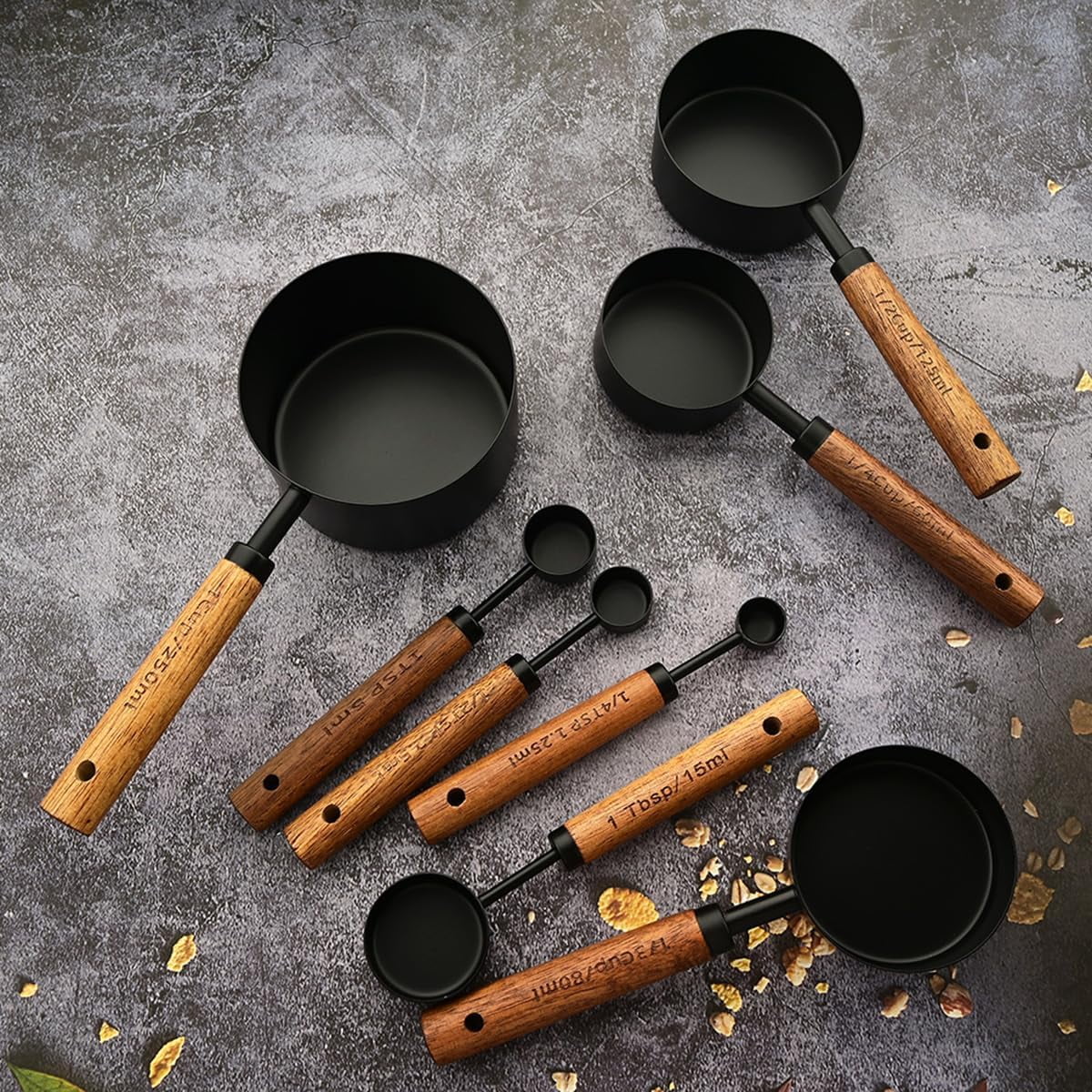 8 pieces Golden Measuring Cups Set and Measuring Spoons Set with Scale Wooden Handle Stainless Steel Dry & Liquid Measuring Cup for Cooking Baking – Convenient Carry Handles for Simple Storage and Daily Tasks