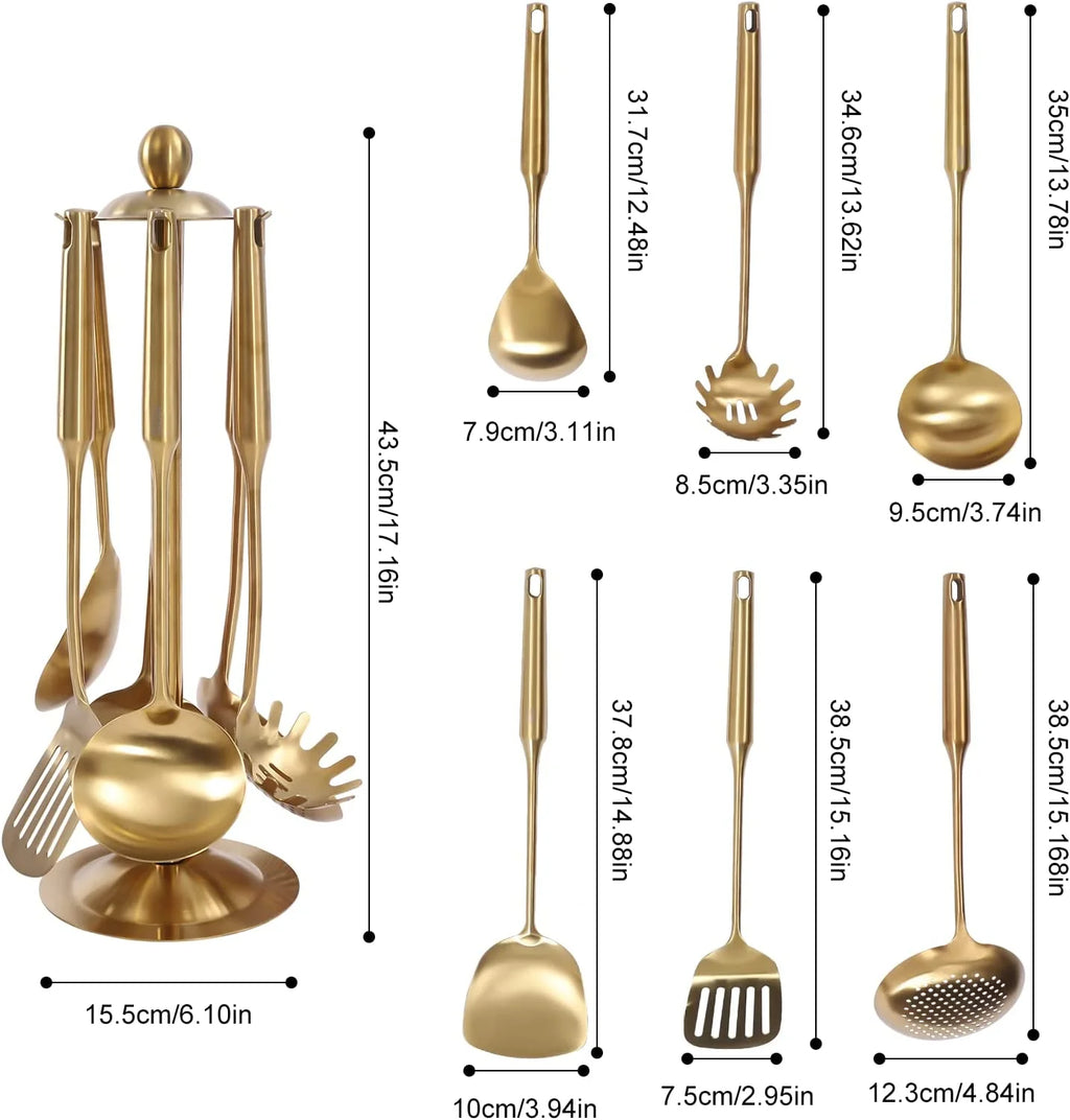 7pcs/ Set Gold Cooking Utensils Suitable for everyday use Kitchen Tool with Holder Stainless Steel – Durable Stainless Steel Construction for Simple Storage and Daily Tasks