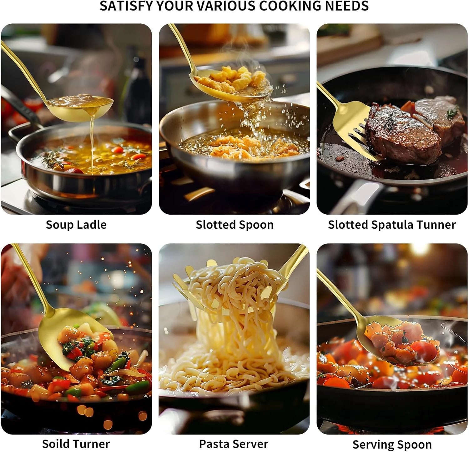 304 Stainless Steel Cooking Utensils,6 Pcs Kitchen Cooking Utensils Set with Spatula Solid Spoon Ladle Skimmer Spaghetti Spoon,Dishwasher Suitable(Gold) – Durable Stainless Steel Construction for Simple Storage and Daily Tasks
