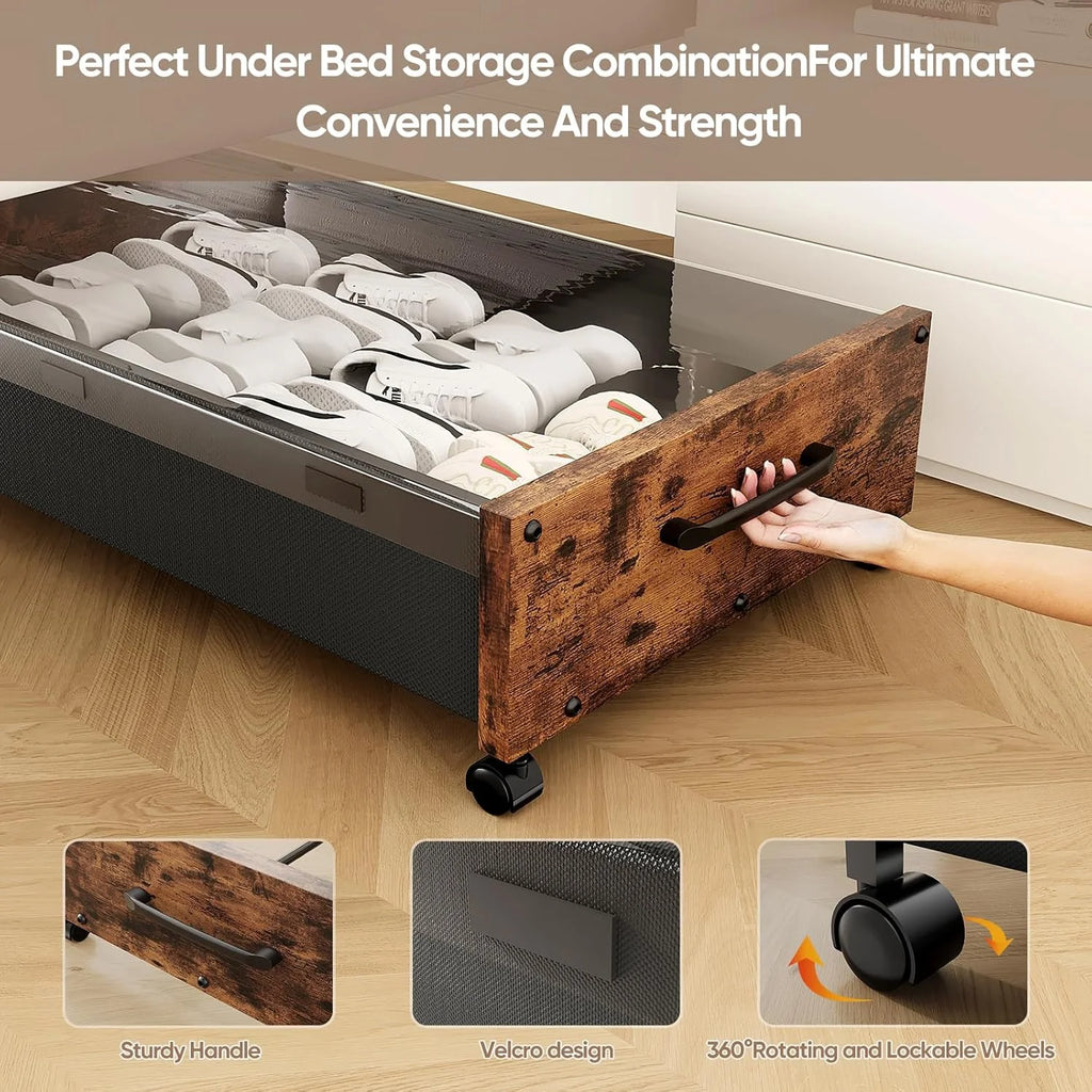 Wooden Under Bed Storage with Wheels Rolling Under the Bed Storage Bins with Removable Lid Metal Under Bed Drawers for Clothes and Shoes in Bedroom or Living Room(Black Wood-2pack) – Easy-Roll Mobility for Simple Storage and Daily Tasks