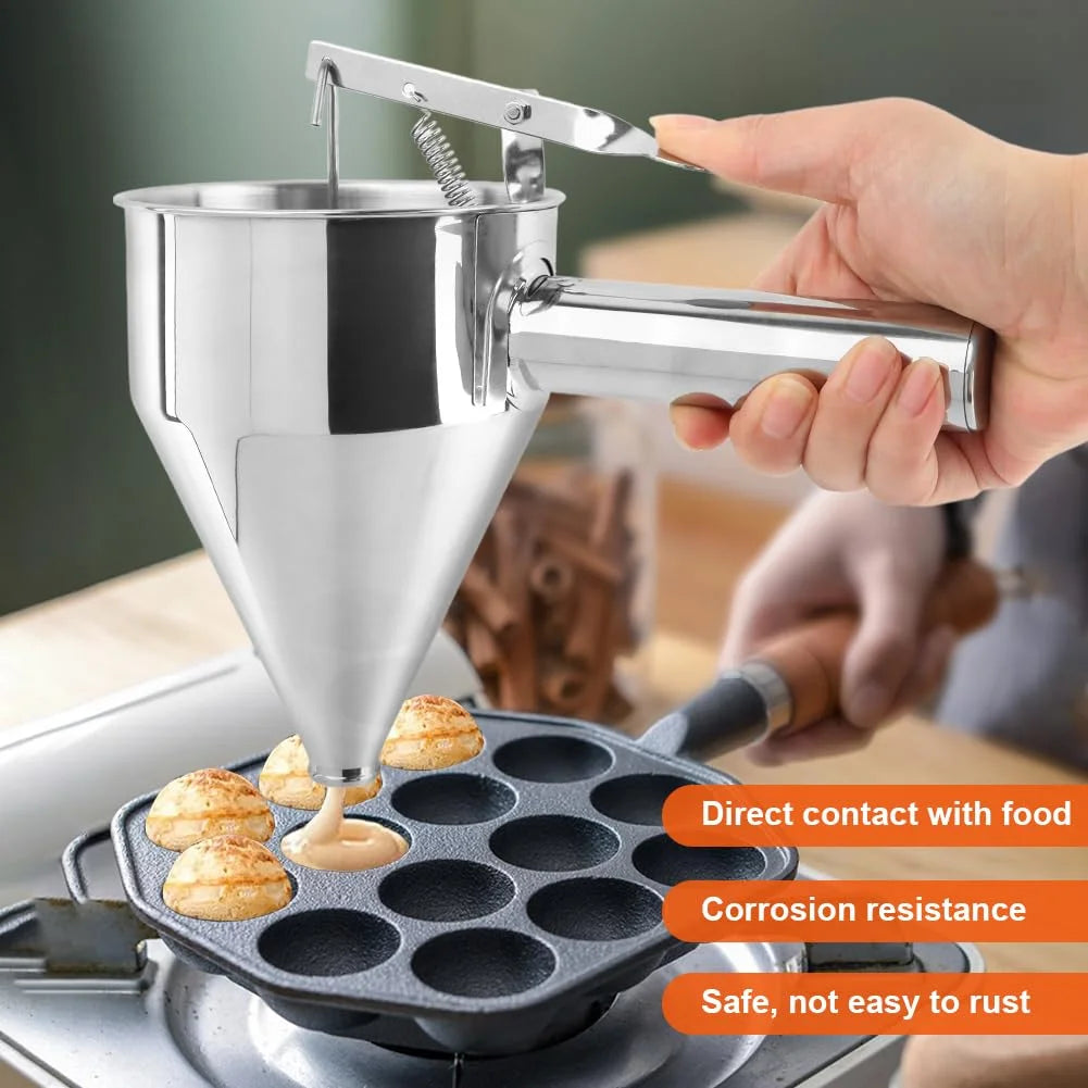Stainless Steel Pancake Batter Dispenser with Squeeze Handle Kitchen Funnel Tools Pancake Dispenser for Pancakes Cupcakes Takoyaki and Baked Goods – Convenient Carry Handles for Simple Storage and Daily Tasks