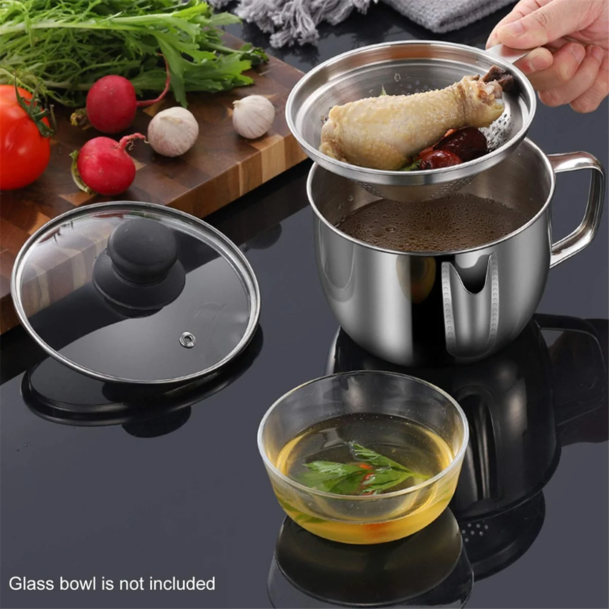 Stainless Steel Fat Separator 1L/4 Cup Gravy Grease with Strainer and Glass Lid Soup Oil Cup – Durable Stainless Steel Construction for Simple Storage and Daily Tasks