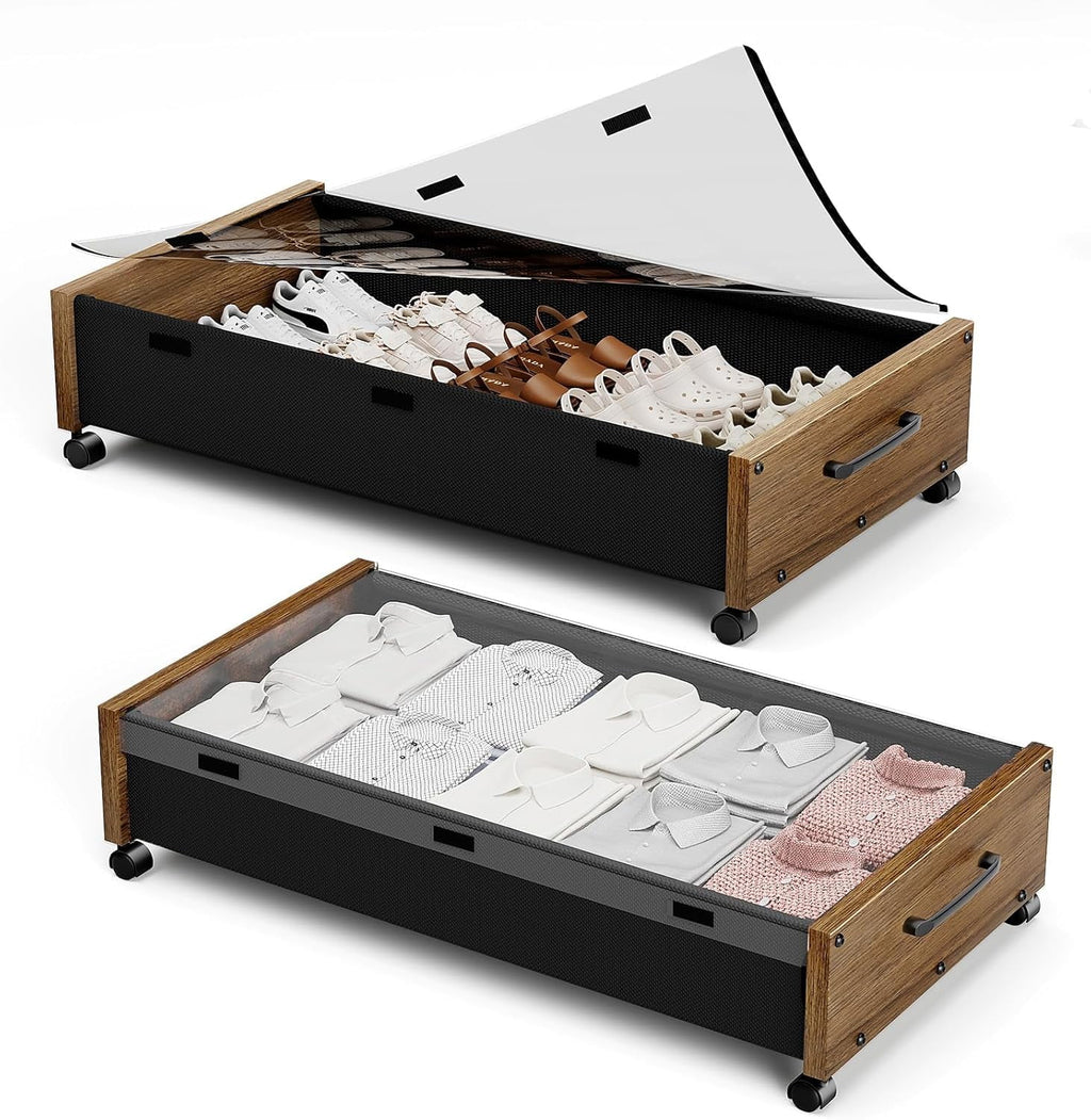 Wooden Under Bed Storage with Wheels Rolling Under the Bed Storage Bins with Removable Lid Metal Under Bed Drawers for Clothes and Shoes in Bedroom or Living Room(Black Wood-2pack) – Easy-Roll Mobility for Simple Storage and Daily Tasks