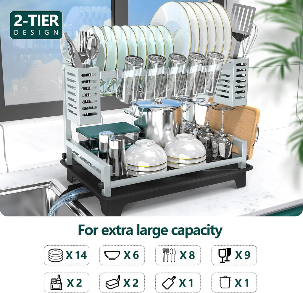 Dish Drying Rack: 2 Tier Dish Racks for Kitchen Counter and Sink - Large Dish Drying Rack with Drainboard & Utensil Holders - Stainless Steel Dish Drainers Kitchen Organization and – Durable Stainless Steel Construction for Simple Storage and Daily Tasks