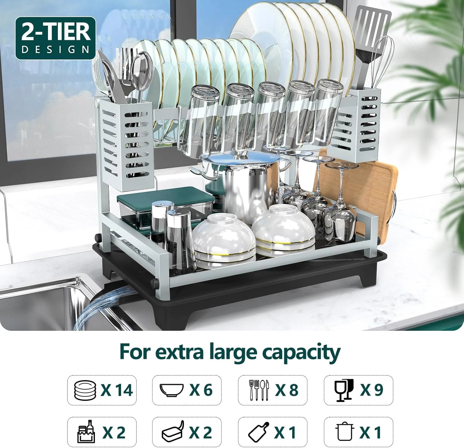 Dish Drying Rack: 2 Tier Dish Racks for Kitchen Counter and Sink - Large Dish Drying Rack with Drainboard & Utensil Holders - Stainless Steel Dish Drainers Kitchen Organization and – Durable Stainless Steel Construction for Simple Storage and Daily Tasks