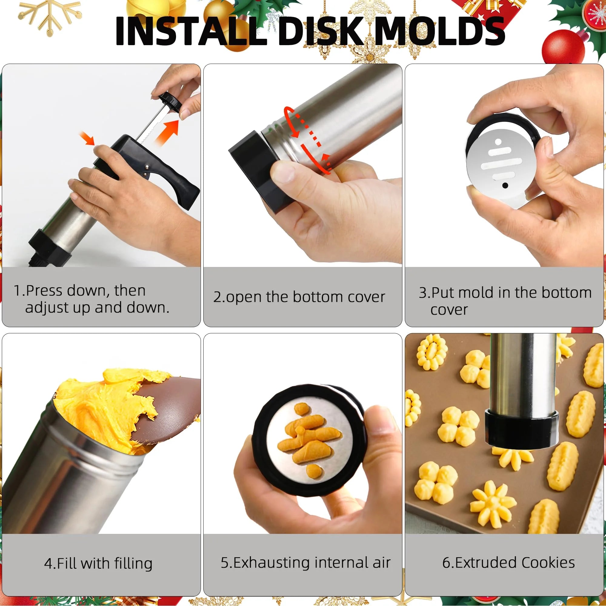 Stainless Steel Cookies Press Cookies Press for Baking,Cookie Press Gun Kit with 13 Cookie Discs and 8 Piping Tips for DIY cake Maker Decorating Baking Supplies – Durable Stainless Steel Construction for Simple Storage and Daily Tasks